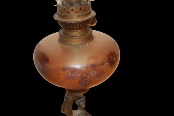 Brass Kerosene Lamp With Figurative Base And Amber Glass Reservoir-photo-2