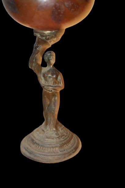 Brass Kerosene Lamp With Figurative Base And Amber Glass Reservoir-photo-3