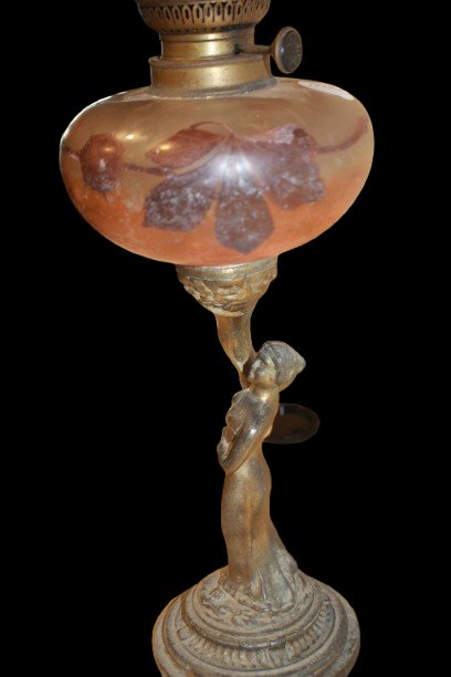 Brass Kerosene Lamp With Figurative Base And Amber Glass Reservoir-photo-4