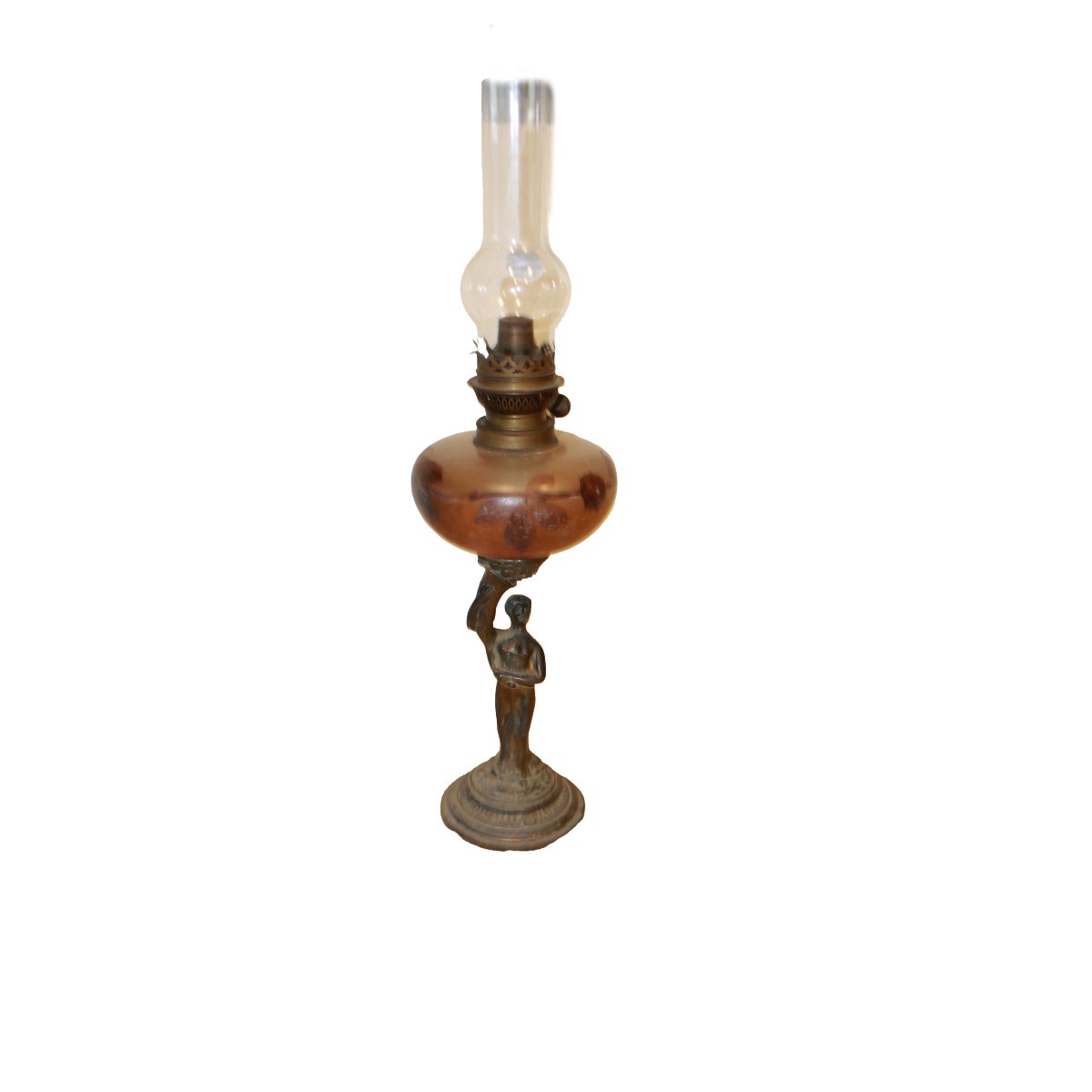 Brass Kerosene Lamp With Figurative Base And Amber Glass Reservoir