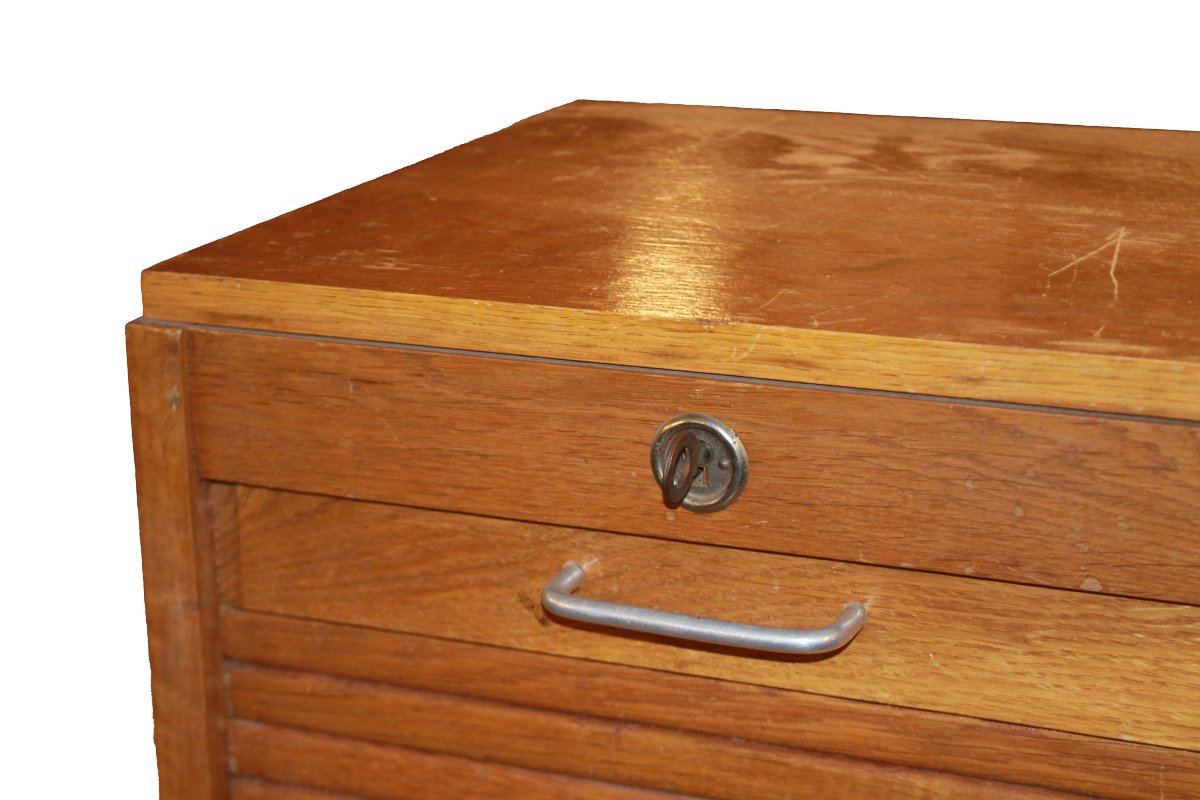 Petit meuble bureau français à rideau vertical en bois, début XXe siècle-photo-2