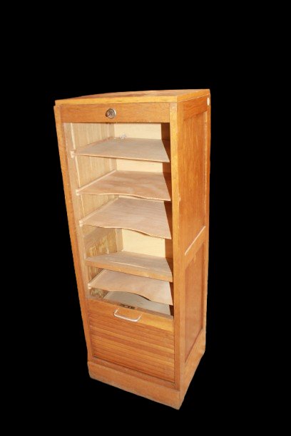 Petit meuble bureau français à rideau vertical en bois, début XXe siècle-photo-4