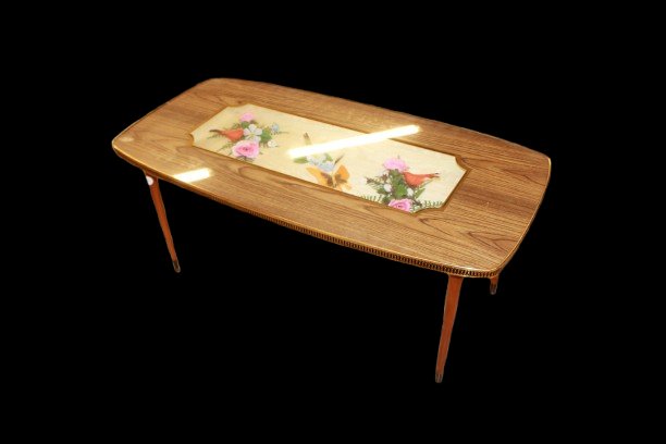 Table basse vintage française en palissandre avec détails en laiton et décor nature morte, XX -photo-1