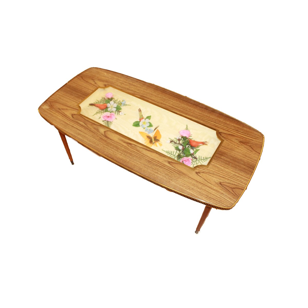 Table basse vintage française en palissandre avec détails en laiton et décor nature morte, XX 