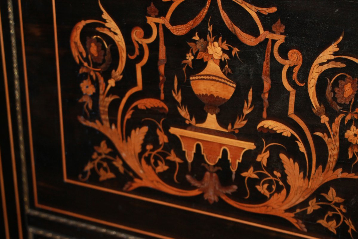 Secrétaire français style Napoléon III en ébène avec marqueterie et plateau en marbre blanc-photo-4