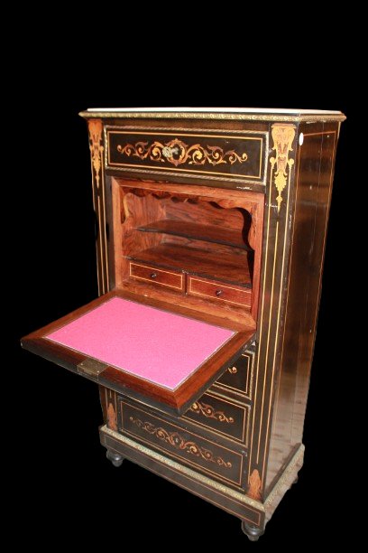 Secrétaire français style Napoléon III en ébène avec marqueterie et plateau en marbre blanc-photo-2
