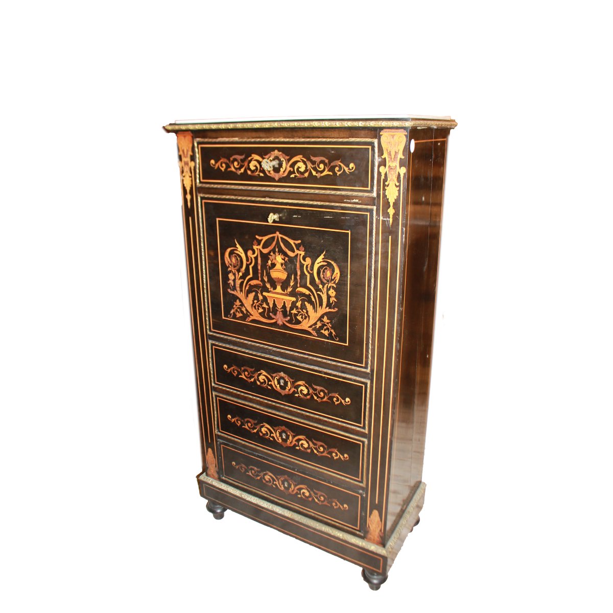Secrétaire français style Napoléon III en ébène avec marqueterie et plateau en marbre blanc