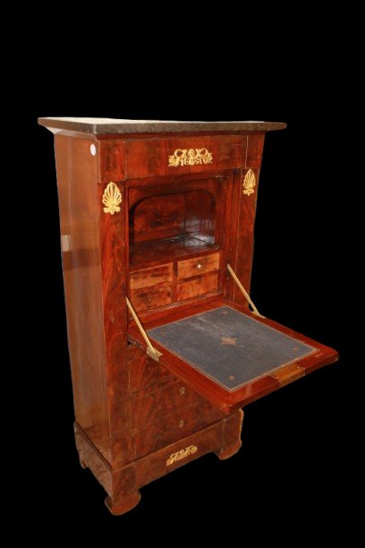 Secrétaire français style Empire en acajou et acajou moucheté avec applications en bronze doré,-photo-3