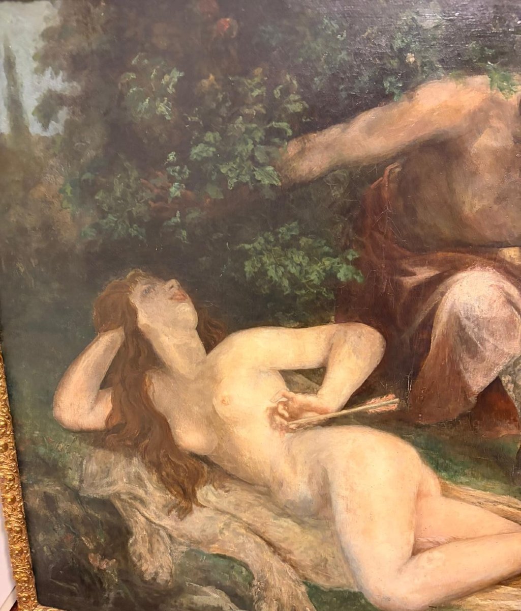 Oil On Canvas: Mythological Scene With Cupid, A Nymph, And A Faun By Chenavard-photo-3