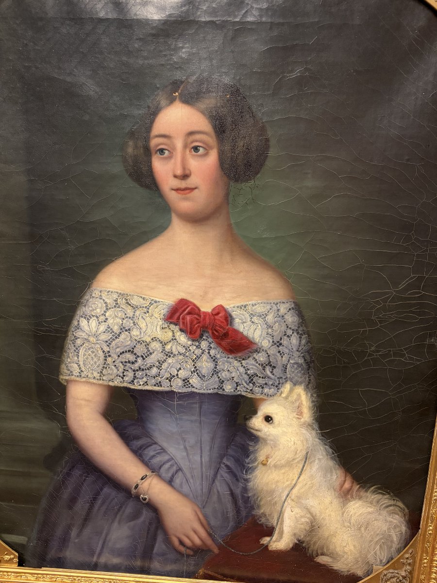 Portrait féminin français ancien avec chien et cadre doré – Milieu du XIXe siècle-photo-2
