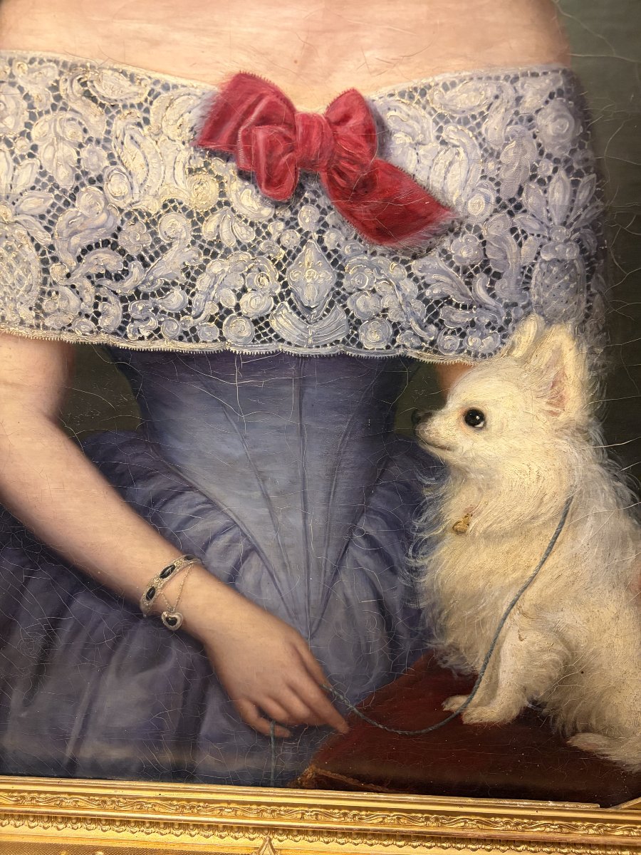 Portrait féminin français ancien avec chien et cadre doré – Milieu du XIXe siècle-photo-3
