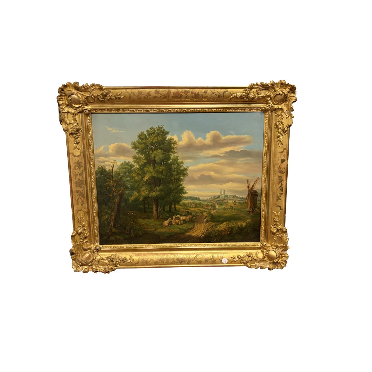 Tableau Paysage Rural Français, Milieu XIXe Siècle, Moulin et Moutons