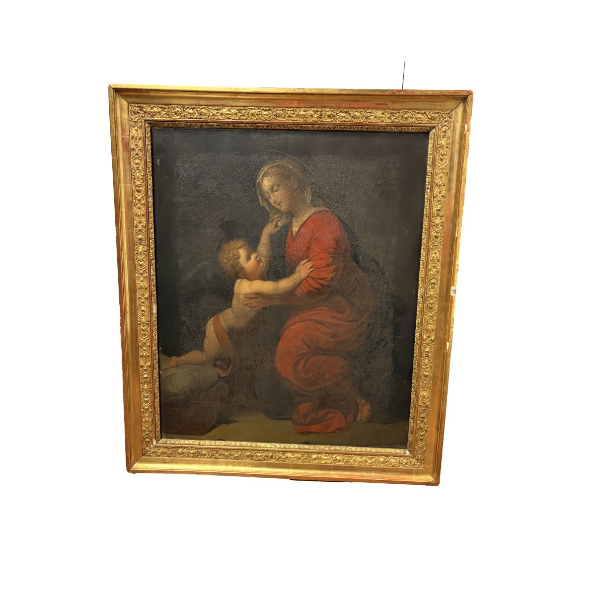 Madonna And Child (similar To "vierge Au Voile") – Antique Oil On Canvas, In A Rich Gilded Frame With P