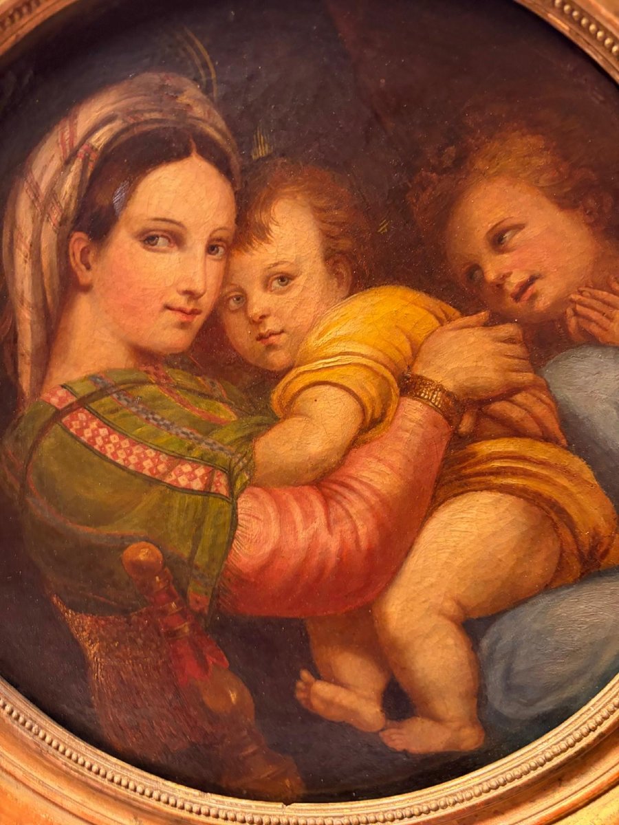 Madonna Della Seggiola – Old Oil Painting On A Round Canvas In Its Original Gilded Frame-photo-2
