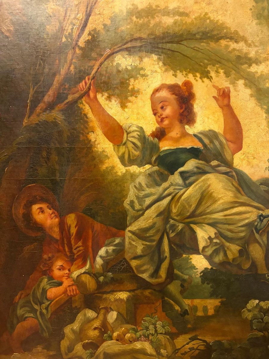 Grand tableau français du XIXe siècle inspiré de Fragonard – Scène galante au goût rococo-photo-2
