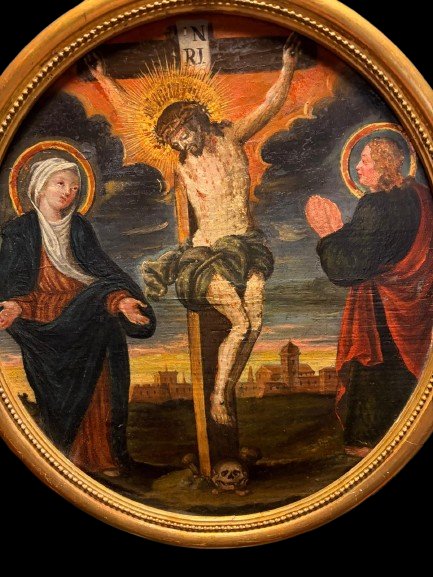 Paire de tableaux religieux français du XVIIIe siècle – Crucifixion et Jésus parmi les Doc-photo-3