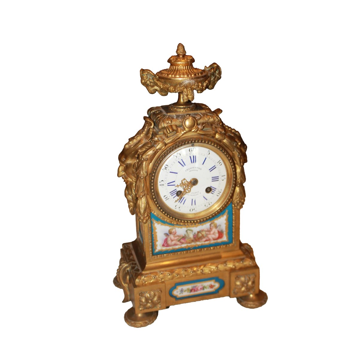 French Mantel Clock In Gilded Bronze And Porcelain, 19th Century