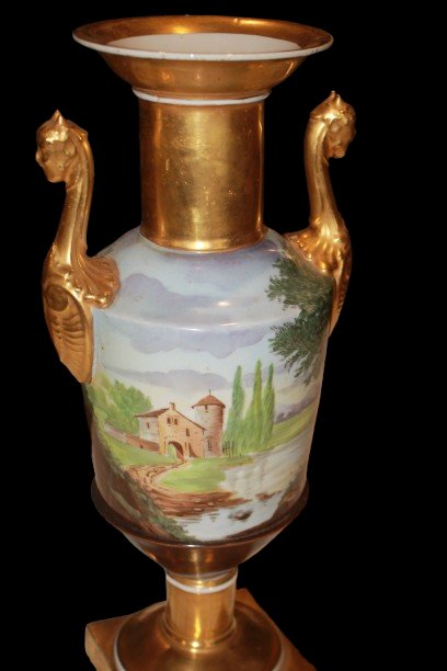 "painted And Gilded Porcelain Baluster Vase With Winged Sphinx Handles" – Empire Style, Vecch-photo-2