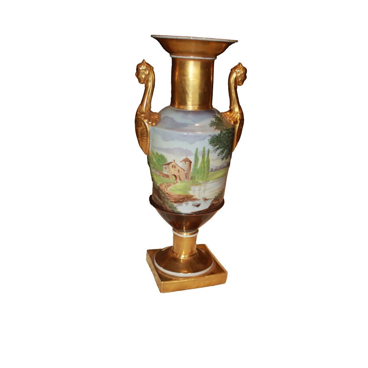"painted And Gilded Porcelain Baluster Vase With Winged Sphinx Handles" – Empire Style, Vecch