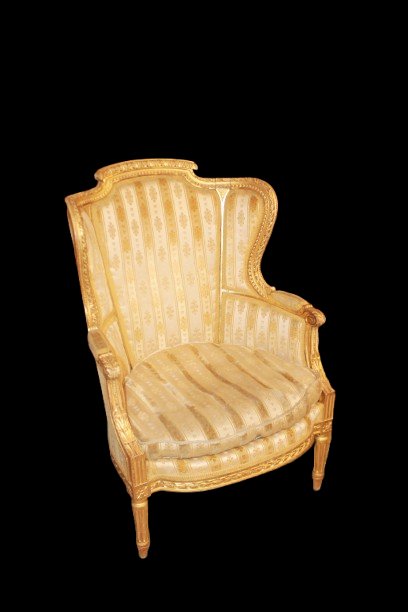 Pair Of Louis XVI-style Bergère Chairs With Winged Backs, Made Of Gilded Wood, Second Half Of The 19th Century-photo-2