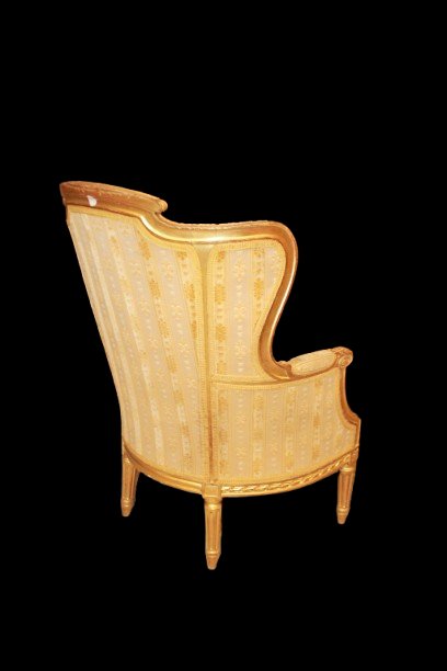 Pair Of Louis XVI-style Bergère Chairs With Winged Backs, Made Of Gilded Wood, Second Half Of The 19th Century-photo-2