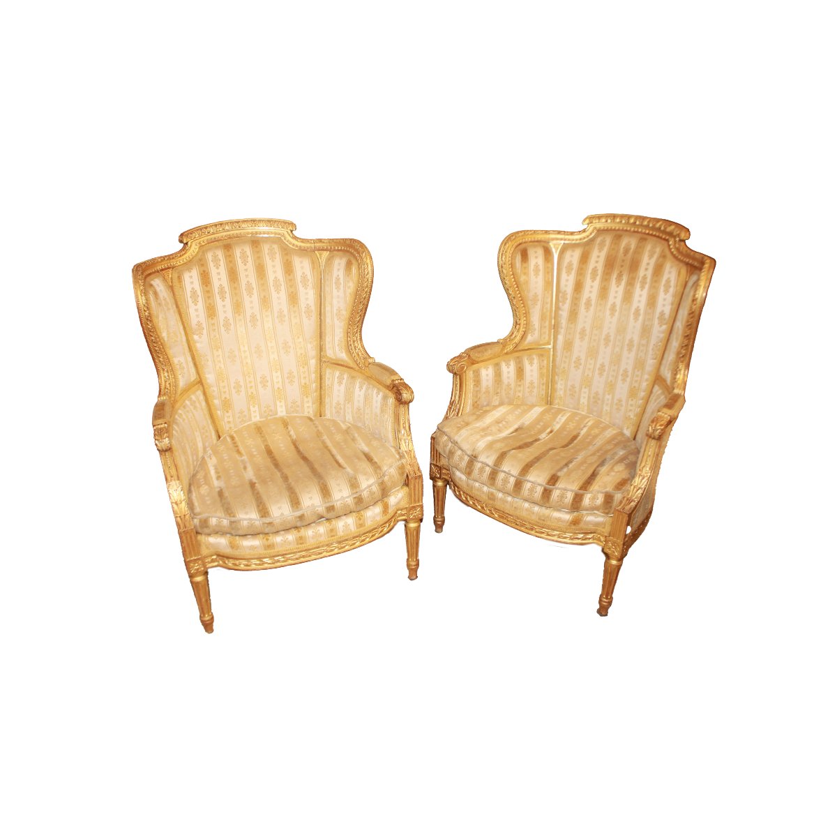 Pair Of Louis XVI-style Bergère Chairs With Winged Backs, Made Of Gilded Wood, Second Half Of The 19th Century