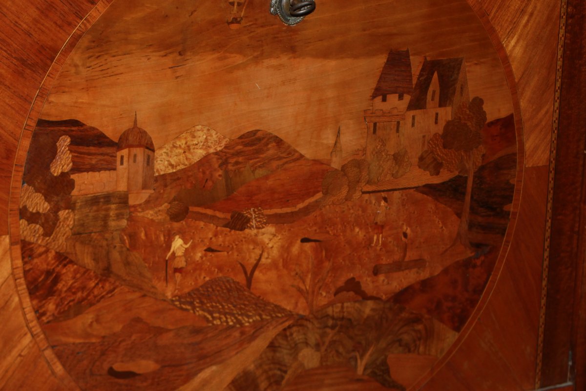 Secrétaire Ancien Français en Bois de Rose avec Dessus en Marbre et Marqueterie de Paysage, XIX-photo-3