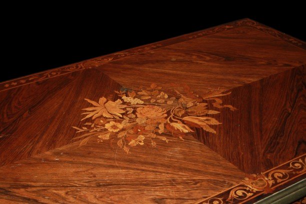 French Louis XVI Writing Desk From The Second Half Of The 19th Century, Made Of Rosewood With Floral Inlays And Edges In O-photo-2