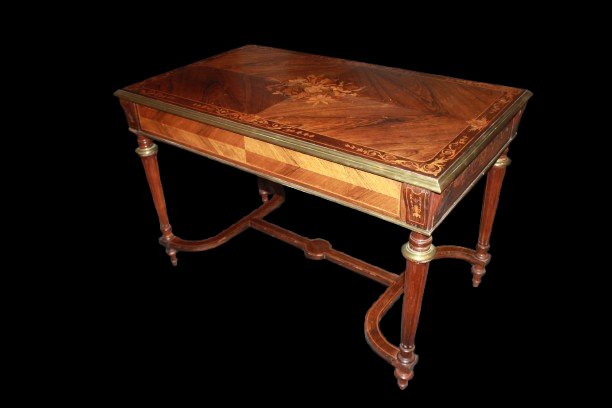 French Louis XVI Writing Desk From The Second Half Of The 19th Century, Made Of Rosewood With Floral Inlays And Edges In O-photo-1