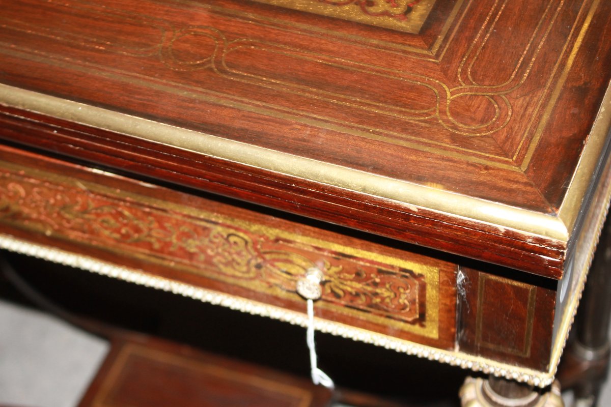 Table à Jeux Française Napoléon III en Palissandre avec Marqueterie Boulle en Laiton et Écaille-photo-3