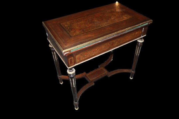 Table à Jeux Française Napoléon III en Palissandre avec Marqueterie Boulle en Laiton et Écaille-photo-1