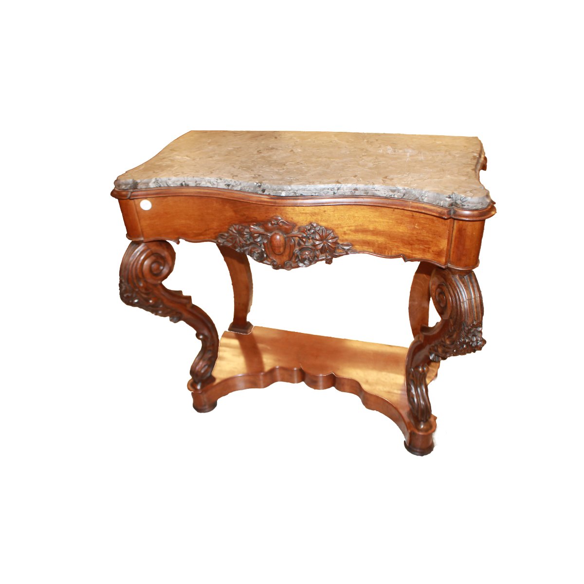 Console Française Ancienne de Style Louis-Philippe en Noyer avec Plateau en Marbre Gris – XIX