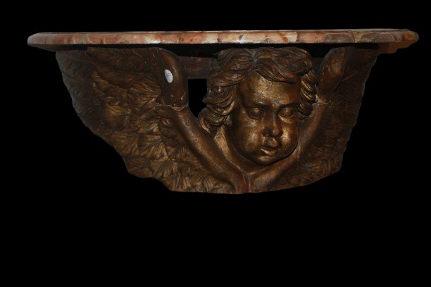 Italian Wall-mounted Console Table From The 1600s Featuring A Gilded Cherub And A Marble Top-photo-2