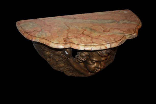 Italian Wall-mounted Console Table From The 1600s Featuring A Gilded Cherub And A Marble Top-photo-4