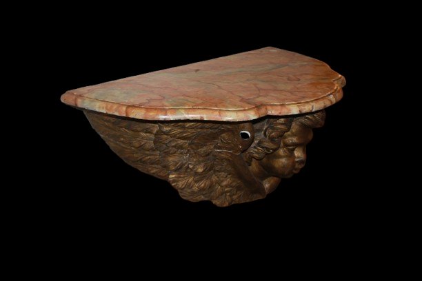Italian Wall-mounted Console Table From The 1600s Featuring A Gilded Cherub And A Marble Top-photo-1