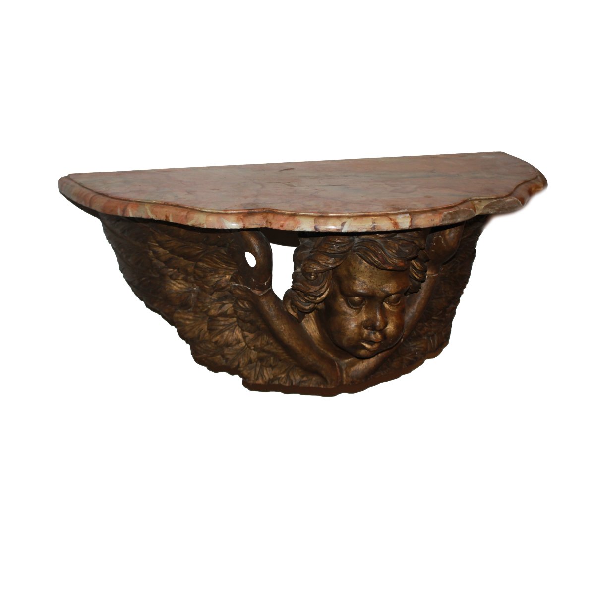 Italian Wall-mounted Console Table From The 1600s Featuring A Gilded Cherub And A Marble Top