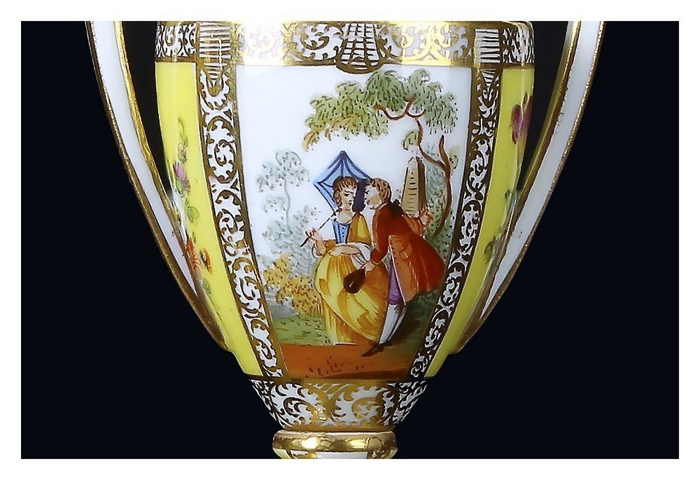  Paire De Petits Vases Amphores En Porcelaine Avec Couvercle, Manufacture De Dresde 1800-photo-3