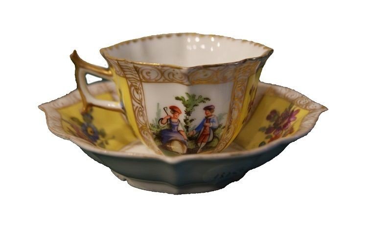 1800s Yellow Meissen Porcelain Cup And Saucer