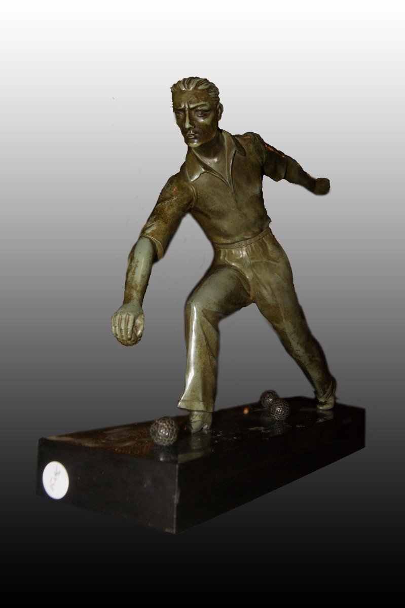 Decò Sculpture From The Early 1900s In Bronze Petanque Player-photo-2