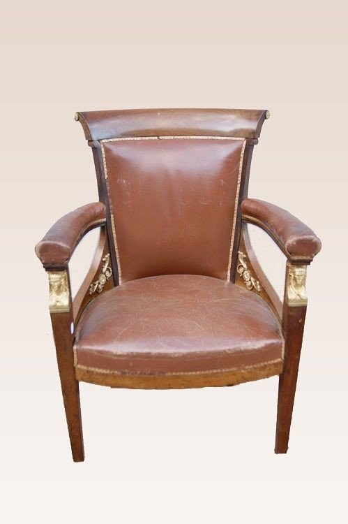 Three Mahogany Empire Armchairs With Rich Bronze Applications From The 1800s-photo-3