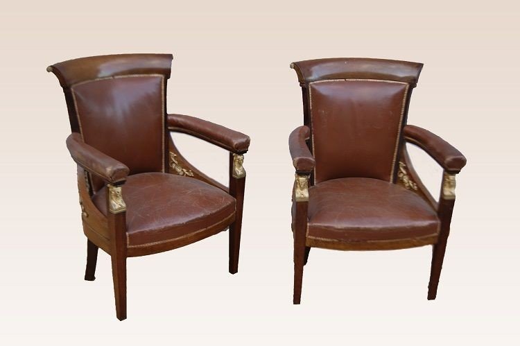 Three Mahogany Empire Armchairs With Rich Bronze Applications From The 1800s