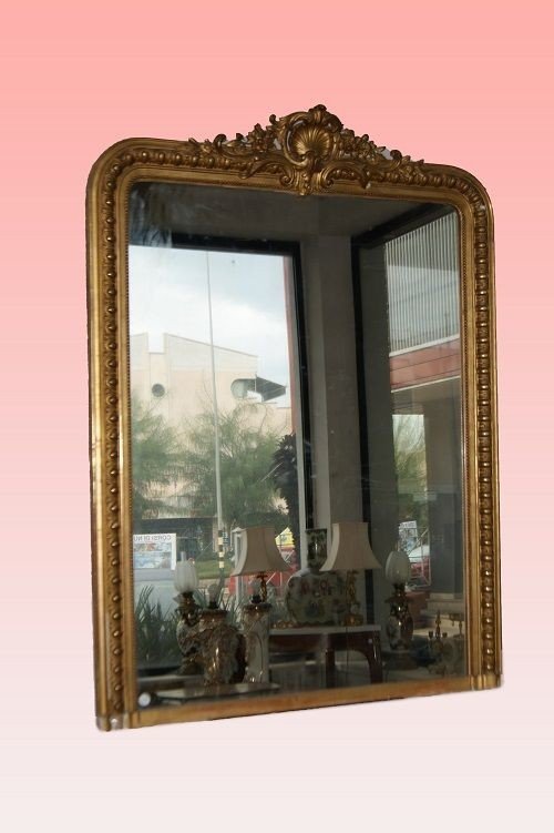Grand Miroir Français De Style Louis XVI Des Années 1800 Avec Chaperon Et Moulures