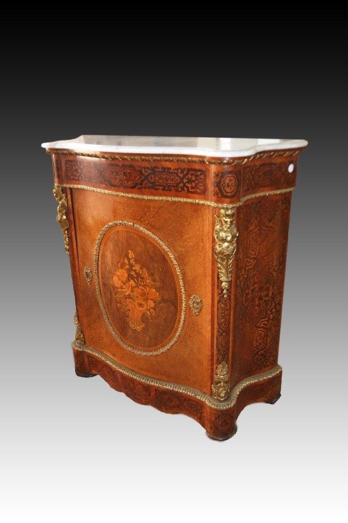 Beautiful Parisian Servant In Louis XV Style With Bronzes, Inlays And Marble Top 1800