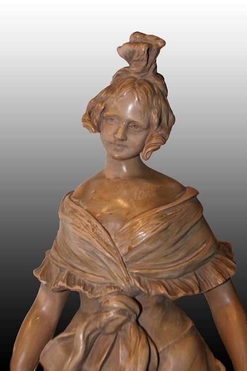 Beautiful Terracotta Sculpture Representing A Lady In Elegant Clothes, Signed 1800-photo-2