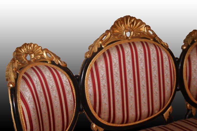 Magnifique Canapé De Salon Italien Avec Fauteuils Laqués Et Dorés Louis Philippe Italien  1800-photo-2