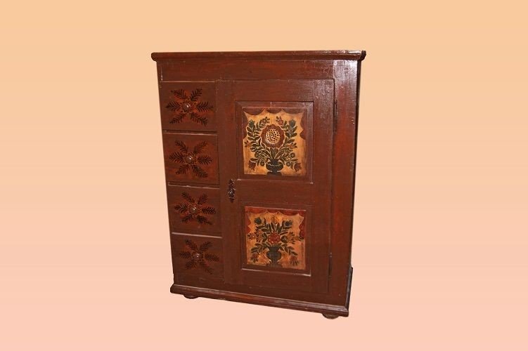 1800s Tyrolean Highboard 1 Door With Drawers With Paintings