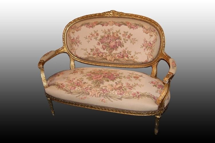 Living Room 6 Pieces 4 Armchairs 1 Sofa And 1 Louis XVI Coffee Table Gilded With Gold Leaf 1800-photo-2
