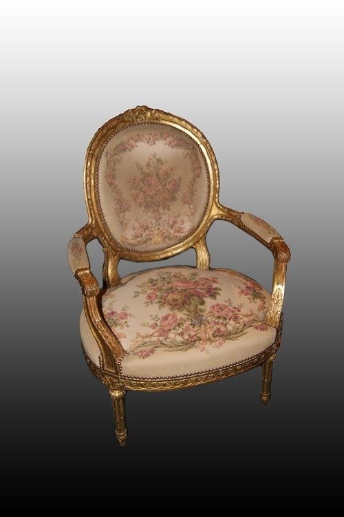 Living Room 6 Pieces 4 Armchairs 1 Sofa And 1 Louis XVI Coffee Table Gilded With Gold Leaf 1800-photo-3