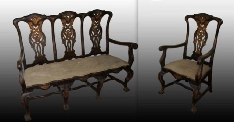 Living Room Sofa Two Armchairs Early 1800s Spanish Chippendale Style With Gilding