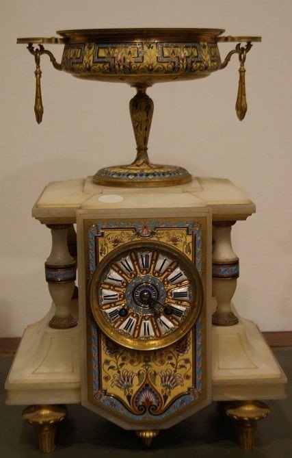 Triptych Pendulum And French Candlesticks In Marble And Bronze Decorated In Eclectic Style 1800-photo-2